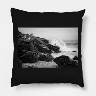 Seagulls and Breaking Waves on Rockaway Beach Pillow