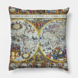 Antique Double Hemisphere Map by Pieter van den Keere, 1611 Pillow