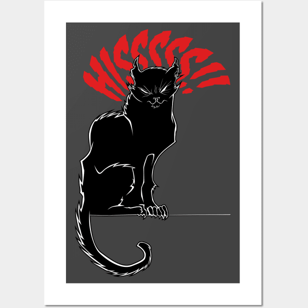 Angry black cat line and solid icon, halloween concept, hissing