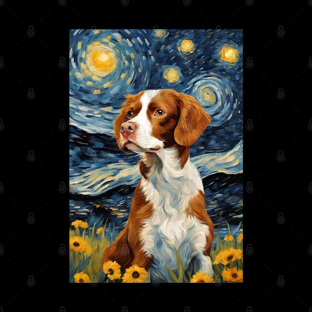 Cute Brittany Spaniel Dog Breed Painting in a Van Gogh Starry Night Art Style by Art-Jiyuu