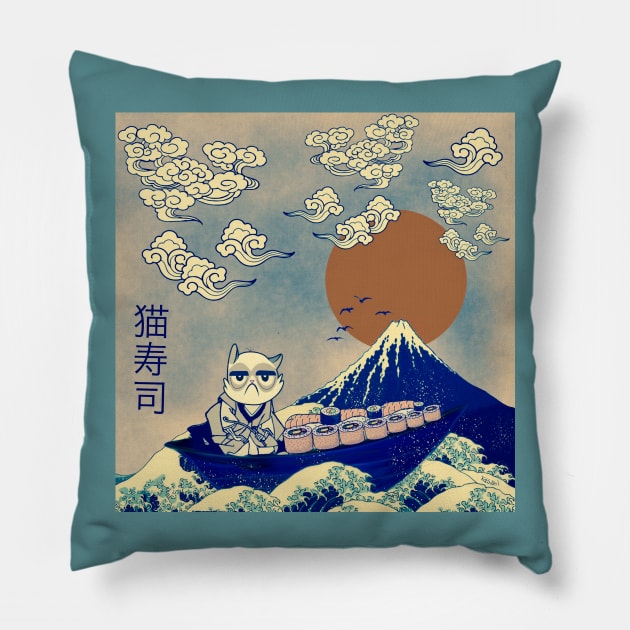 Cat Sushi Japanese homage design by UrbanHero Pillow by MotorManiac