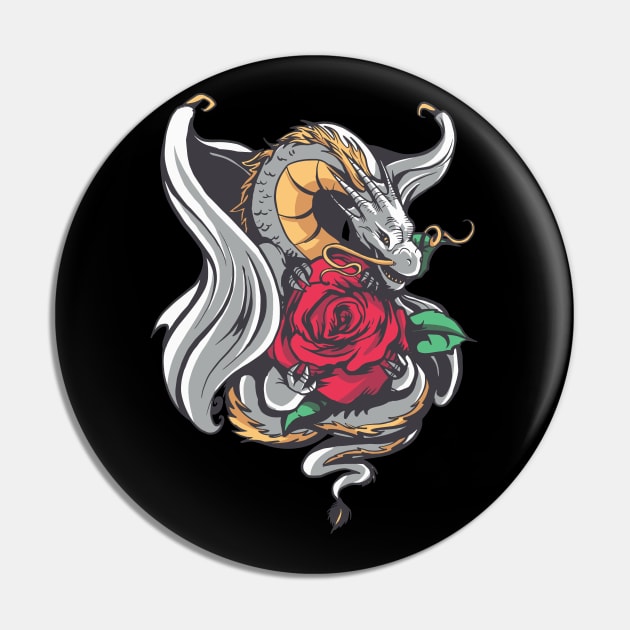 Dragon with Red Rose Fantasy Tattoo Style Pin by Kali Space