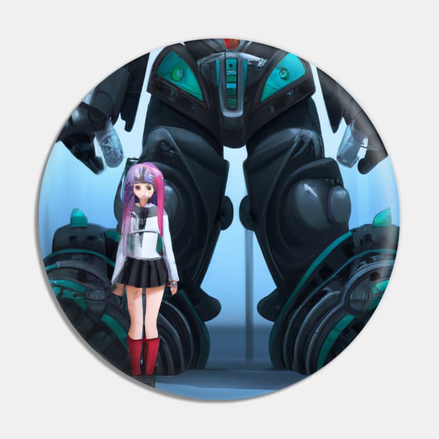 Anime Girl with Giant Battle Robot Pin by Starbase79