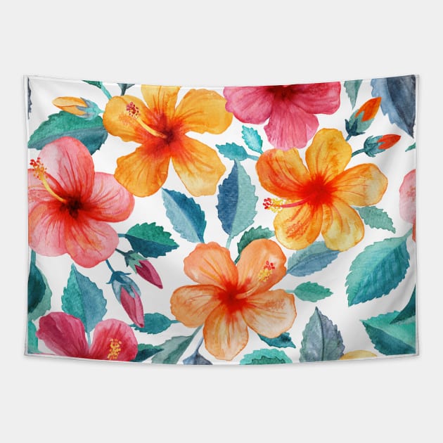 Colorful Watercolor Hibiscus on Clean White Tapestry by micklyn