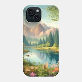 Low Poly Spring Forest with Lake, Flowers and Mountains Phone Case