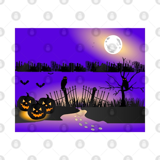 Halloween background with pumpkins, Graves, full moon, and bats stock illustration by ikshvaku