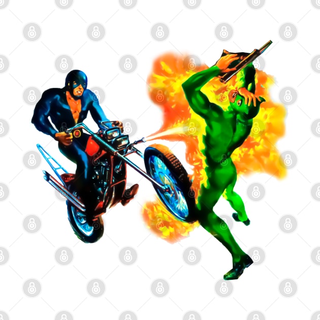 Hell Rider Motorcycle Fire Masked Hero Antihero Villain Retro Comic Vintage Colorful by REVISTANGO