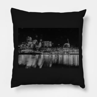 City at night, buildings, lights and corporate brands neon signs across Yarra River in monochrome Pillow