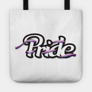 Gender Fluid pride flag colored ribbon wrapped around the letters of the word PRIDE Tote