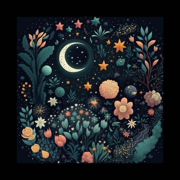 Celestial Bohemian Flowers Aesthetic Design Stars Moon Floral Cosmic Pattern by Step Into Art