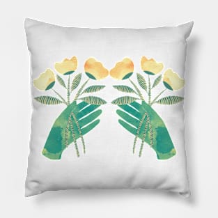 Green hands with yellow flowers Pillow