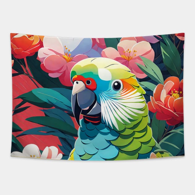 Petal Perch Parakeet, Parakeet in front of vibrant floral background Tapestry by Sieve's Weave's
