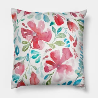 Watercolor of red flowers and turquoise leaves over blue Pillow