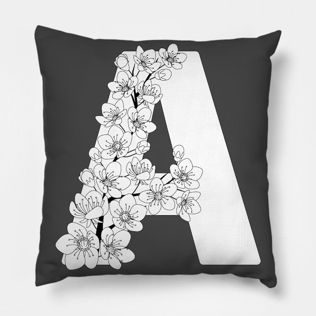 Monochrome capital letter A patterned with sakura twig Pillow by Alina