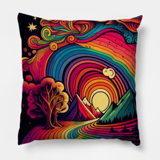 Colorful abstract painting with trees and mountains in the sunset. Pillow