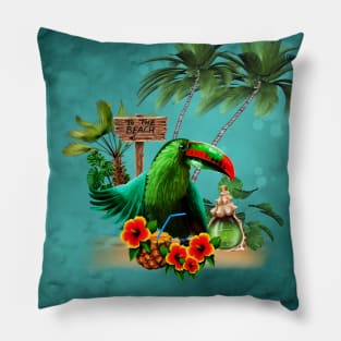 Tropical design with cute toucan with a drink and palm trees Pillow