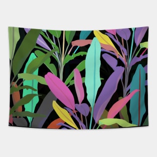 Tropical Colorful Banana Leaves Black Pattern Tapestry