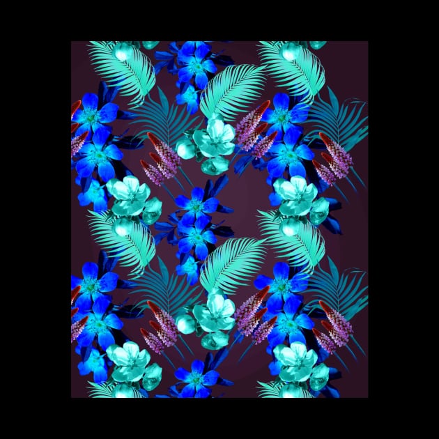 Palm Leaves And Flowers, Blue Purple by Random Galaxy