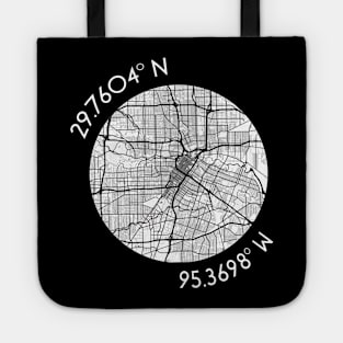 Houston Coordinates (latitude and longitude) in white text around map of H-Town, Texas Tote