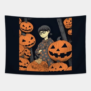 Halloween Sad Girl in eyeglasses with Pumpkin Tapestry