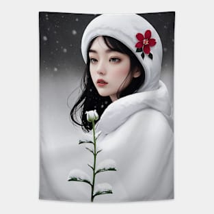 Young Woman in a Snowy Winter Scene Tapestry