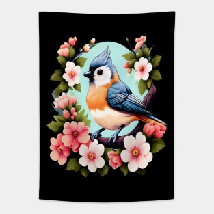 Cute Tufted Titmouse Surrounded by Vibrant Spring Flowers Tapestry