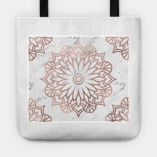 Marble mandala - floral rose gold on white Tote