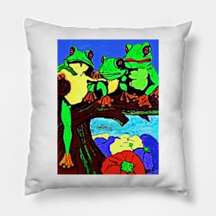 Frog Family Hanging Out On A Limb 3 Pillow