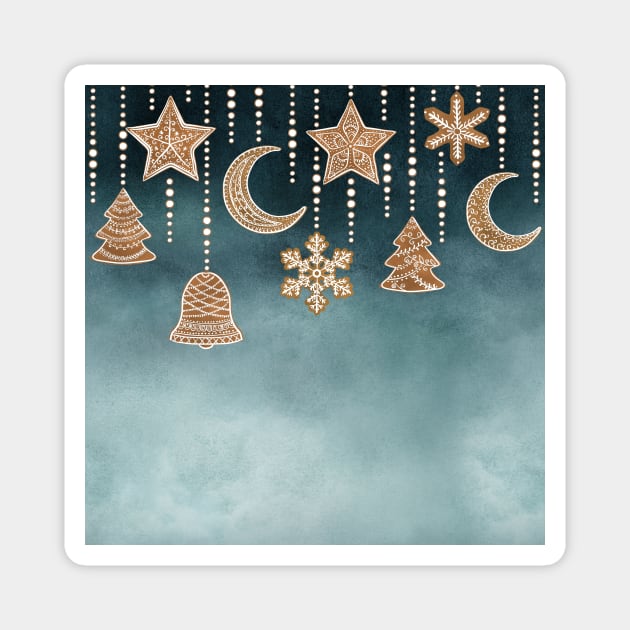 Gingerbread Christmas decorations seamless border. Ornate cookies star, moon, bell, snowflakes, Christmas tree watercolor illustration, Sweet winter décor Magnet by likapix