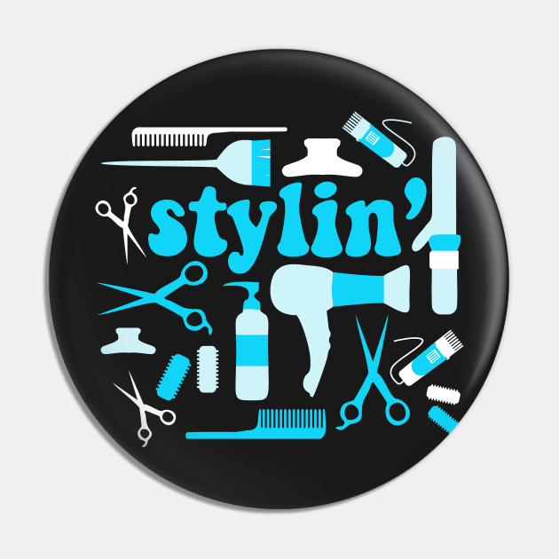 Stylin' Blue Hair Stylist Salon Barber Curling Iron Blow Dryer Styling Tools Pin by JessDesigns