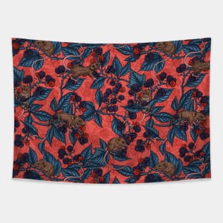 Mice and blackberries on red Tapestry