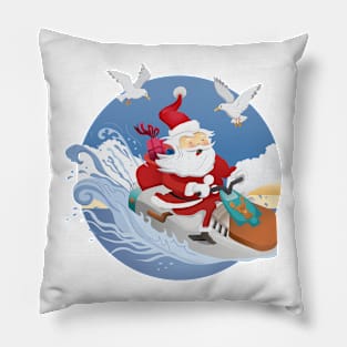 Santa Claus riding on jet sky in tropical weather Pillow