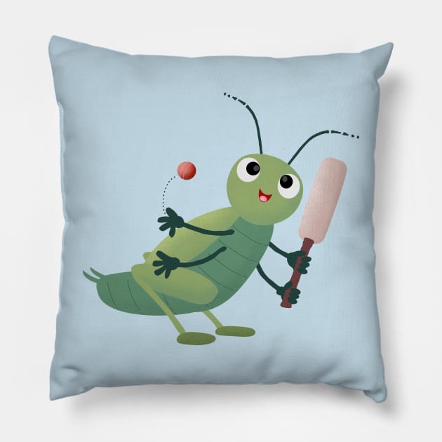 Cute green cricket insect cartoon illustration Pillow by FrogFactory