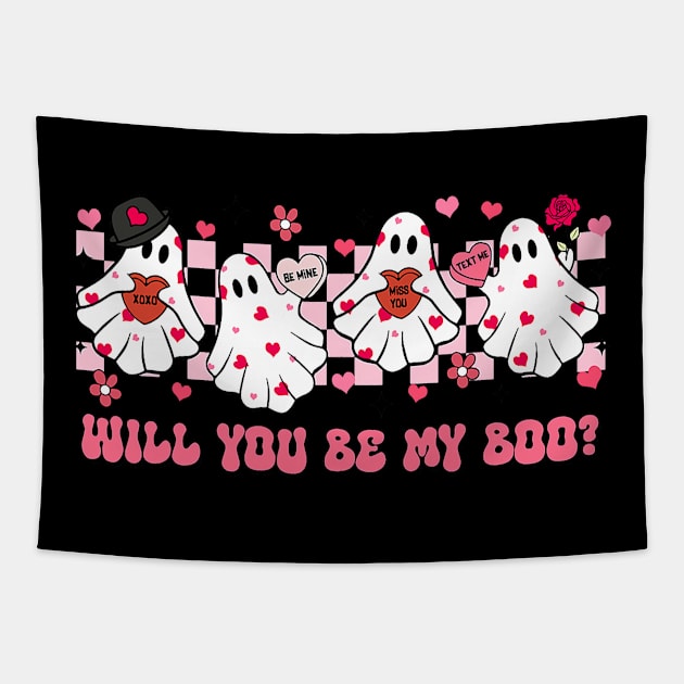 Will You Be My, Boo Funny Ghost Happy Valentine_s Day Women Tapestry by jadolomadolo