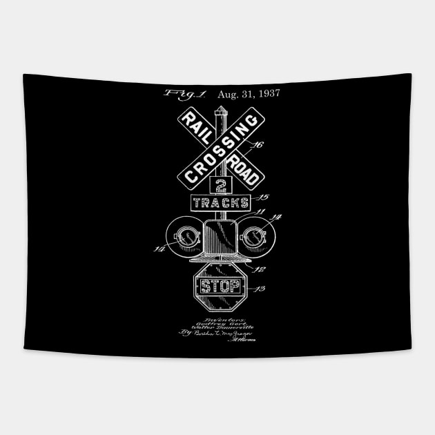 Railroad Crossing Signal Vintage Patent Image Black Tapestry by MadebyDesign