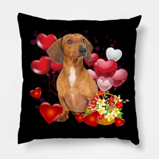 Cute Dachshund Dog With Heart And Flower Valentine Pillow