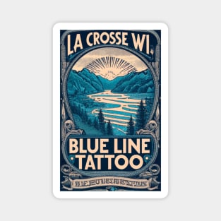 Blue Line Tattoo River Bluff Scene Vintage Stamp Label Magnet