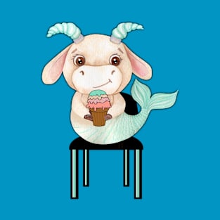 Kawaii Capricorn sitting on a chair and eating ice cream. Cute Capricorn gift idea T-Shirt