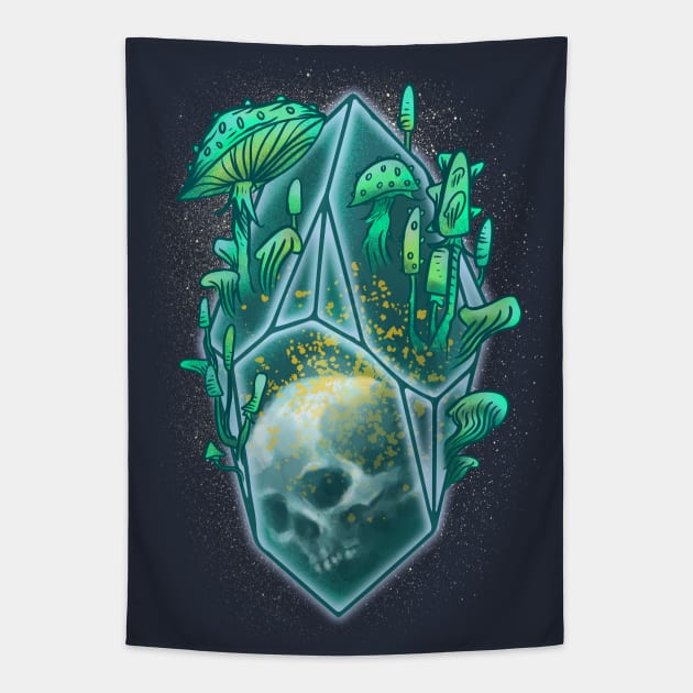 Crystal Skull with Mushrooms Tapestry by Manfish Inc.