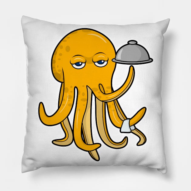 Octopus as Waiter with Platter & Serving towel Pillow by Markus Schnabel