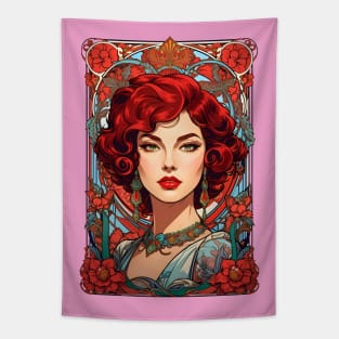 Bohemian Red Haired woman retro vintage floral design Tapestry