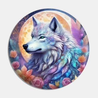 Mystical Wolf with Flowers, Full Moon, Colorful, Beautiful Pin