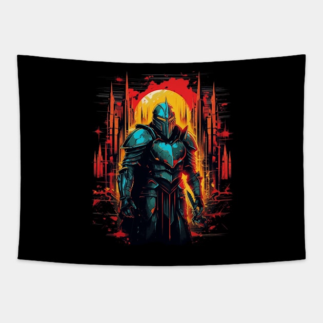 Shadowed Sentinel: The Dark Medieval Warrior Tapestry by SupportTrooper