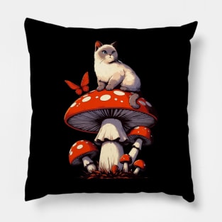 Funny Vintage White Cat in Mushroom Garden Pillow