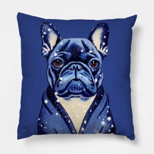 Beautiful Adorable Blue French Bulldog in Fluffy Snow Christmas French Bulldog Puppy Pillow