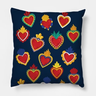 Mexican Sacred Hearts Pattern / Blue Background by Akbaly Pillow