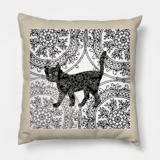 Black cat and mandala Pillow