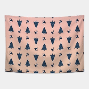 Pretty Navy Christmas Trees & Reindeer Pattern on Pink Peach Ombre Tapestry