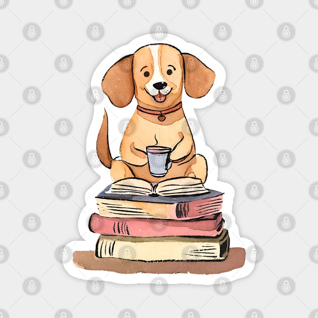 Cute Watercolor Books and Coffee and Dogs Magnet by FarmOfCuties