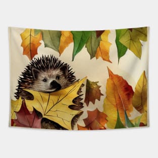 Hedgehog hiding between Autumn Leaves Tapestry